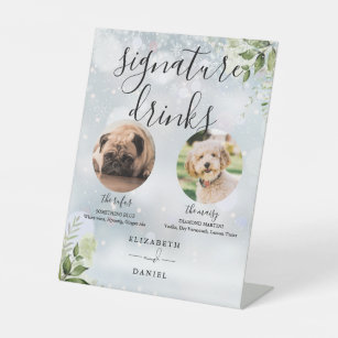 Winter Greenery Wedding Pet Dog Signature Drinks Pedestal Sign