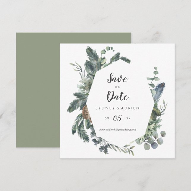 Winter Greenery Wedding Save The Date (Front/Back)