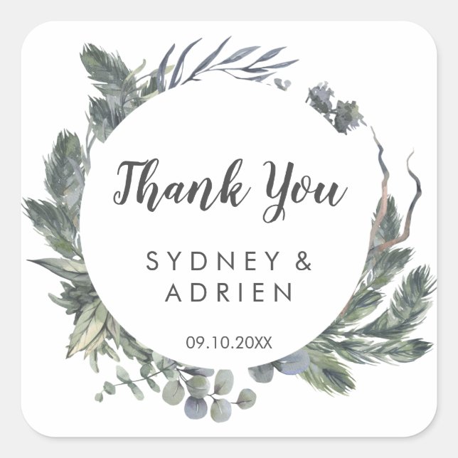 Winter Greenery Wedding Thank You Favour  Square Sticker (Front)