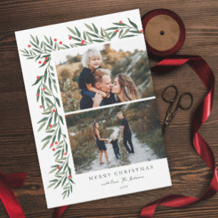 Winter Greenery White 2 Photo Christmas Holiday Card