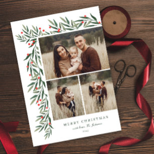 Winter Greenery White 3 Photo Christmas Holiday Card