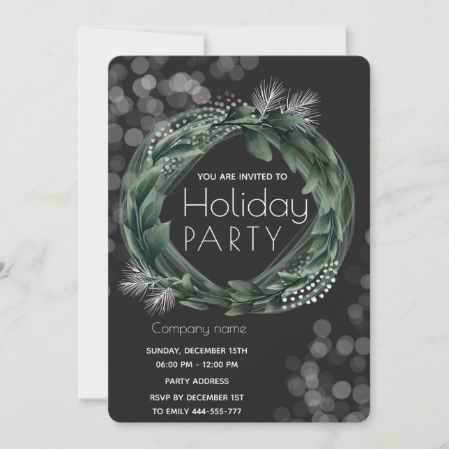 Winter greenery wreath bokeh corporate Holiday  Invitation (Front)