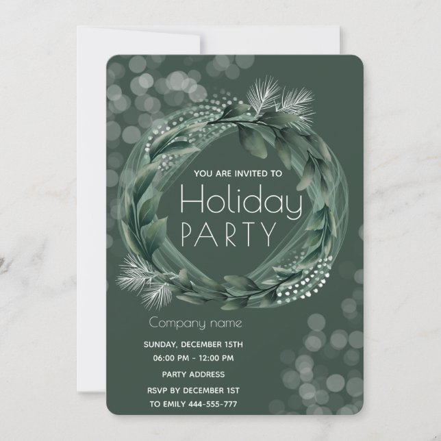 Winter greenery wreath bokeh corporate Holiday  Invitation (Front)