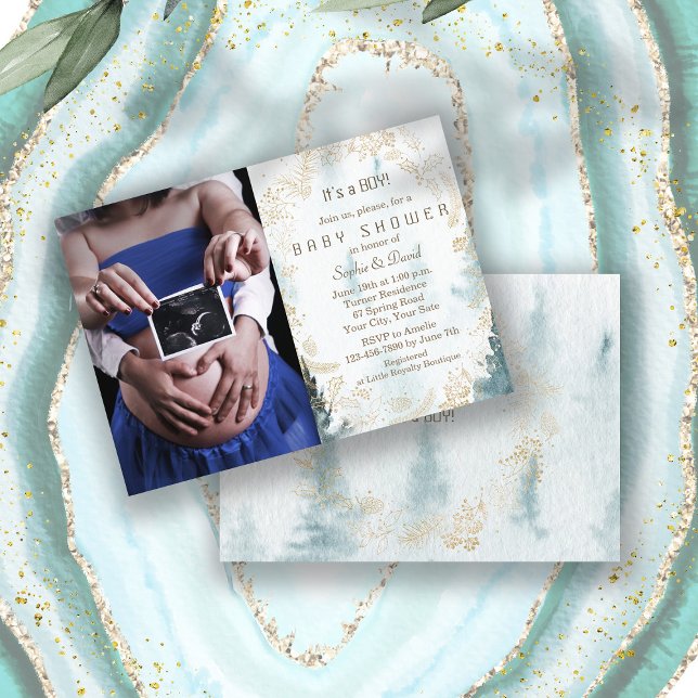 Winter Greenery Wreath Gold Photo Boy Baby Shower Invitation (photo baby shower, winter baby shower invite, trendy watercolour winter scenery baby shower, gold)