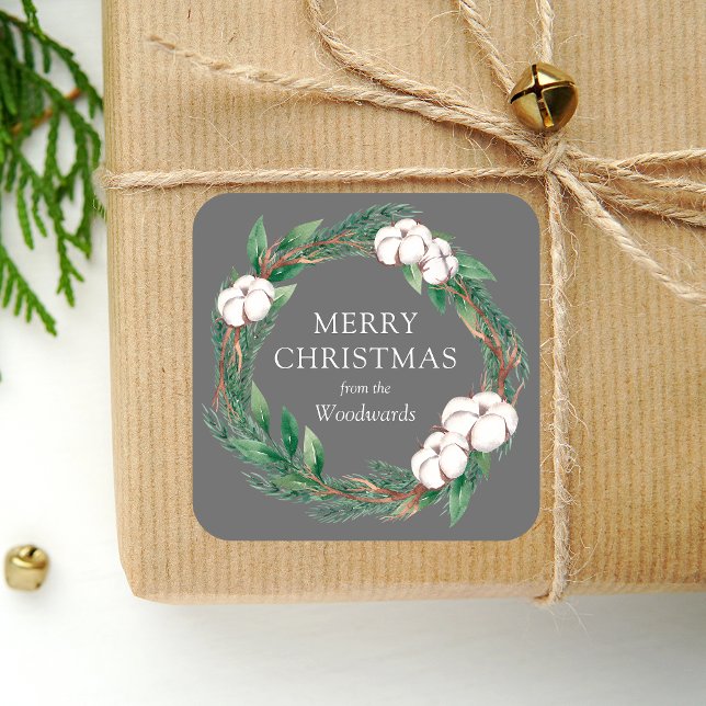 Winter Greenery Wreath Merry Christmas Grey  Square Sticker (Creator Uploaded)