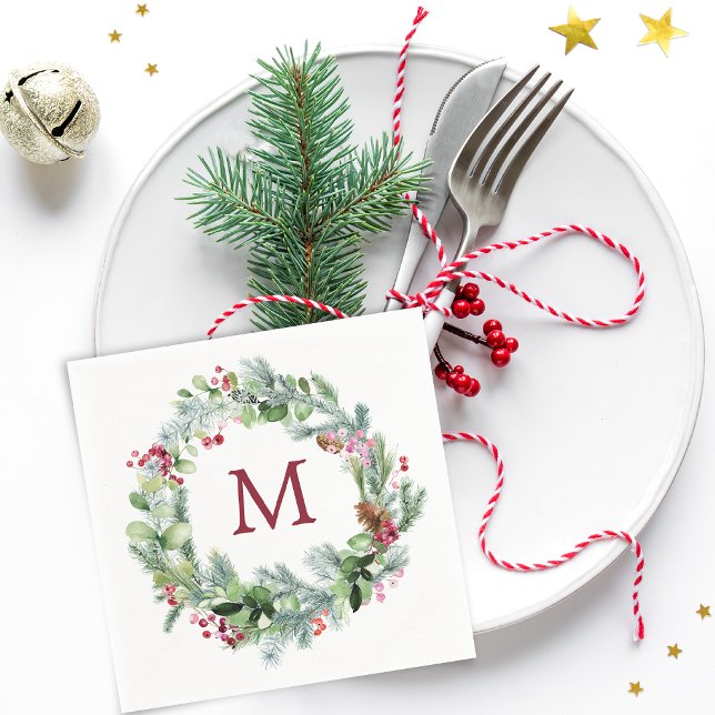 Winter Greenery Wreath Monogram Paper Napkin (Winter Greenery Wreath Monogram Paper Napkins)