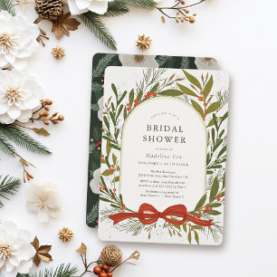 Winter Greenery Wreath Red Bow Bridal Shower Invitation