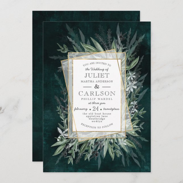 Winter Greens Dark Green foliage Invitation (Front/Back)