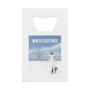 Winter Greetings. Female elf walking in the snow 