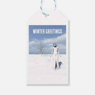 Winter Greetings. Female elf walking in the snow Gift Tags