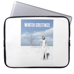 Winter Greetings. Female elf walking in the snow Laptop Sleeve