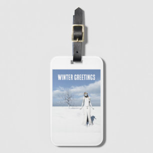 Winter Greetings. Female elf walking in the snow  Luggage Tag