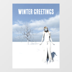 Winter Greetings. Female elf walking in the snow Window Cling