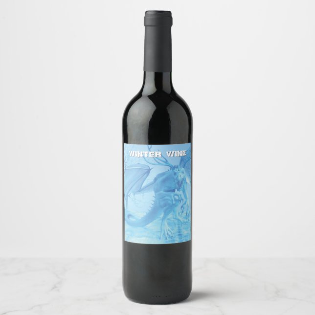 Winter Greetings. Ice dragon with antlers Wine Label (Front)