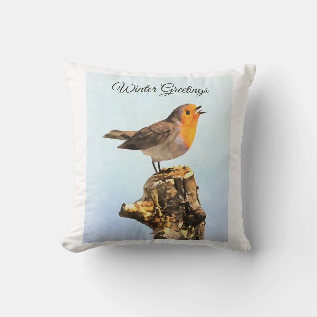 Winter Greetings. Robin singing  Cushion (Front)