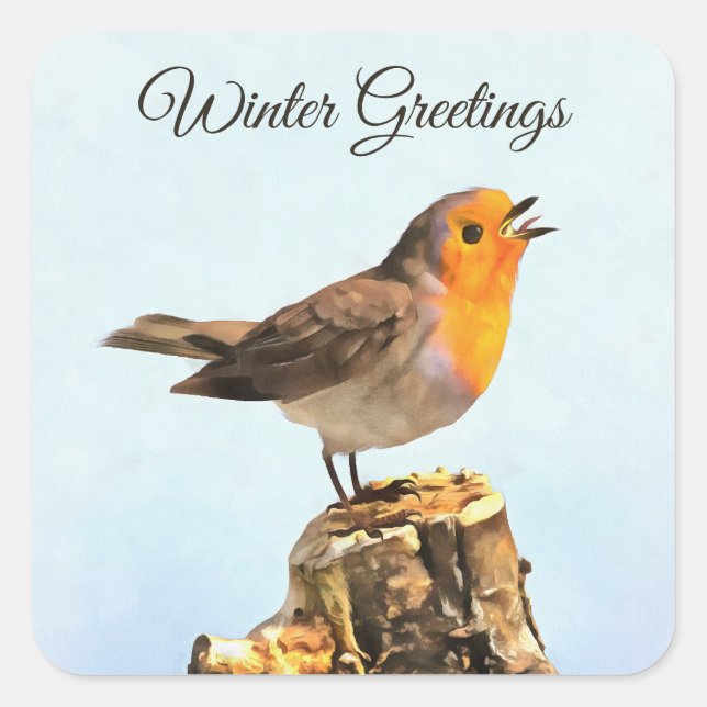 Winter Greetings. Robin singing  Square Sticker (Front)