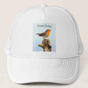 Winter Greetings. Robin singing  Trucker Hat