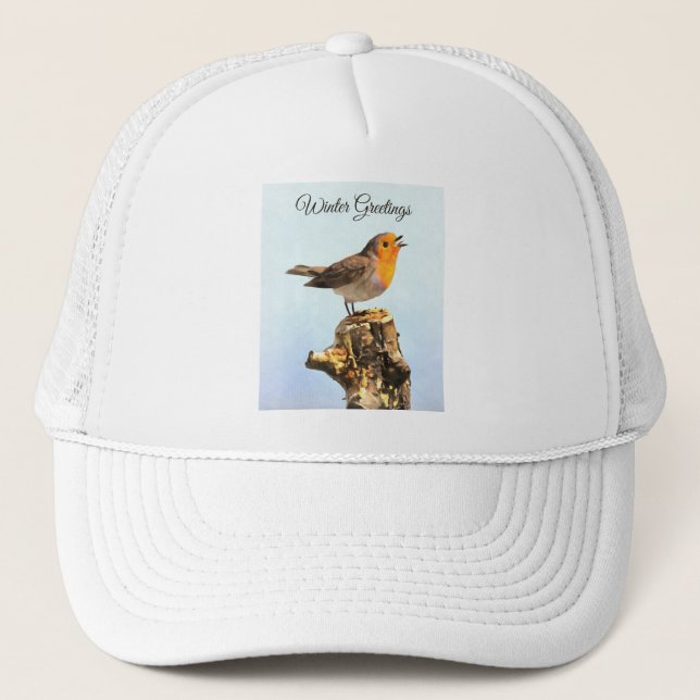 Winter Greetings. Robin singing  Trucker Hat (Front)