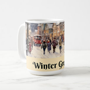 Winter Greetings, snowy city street, Coffee Mug