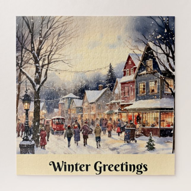 Winter Greetings, snowy city street, Jigsaw Puzzle (Vertical)