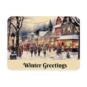 Winter Greetings, snowy city street, Magnet