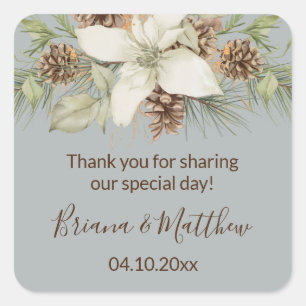 Winter Grey Elegant Script Wedding Favour Square Sticker