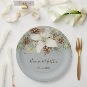 Winter Grey Elegant Script Wedding Paper Plate