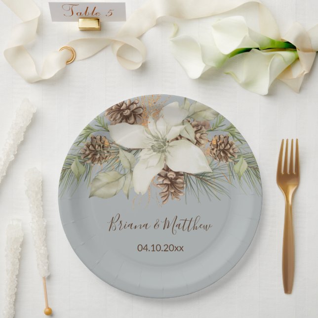 Winter Grey Elegant Script Wedding Paper Plate (Wedding)