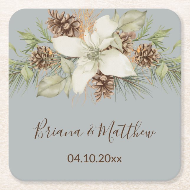 Winter Grey Elegant Script Wedding Square Paper Coaster (Front)