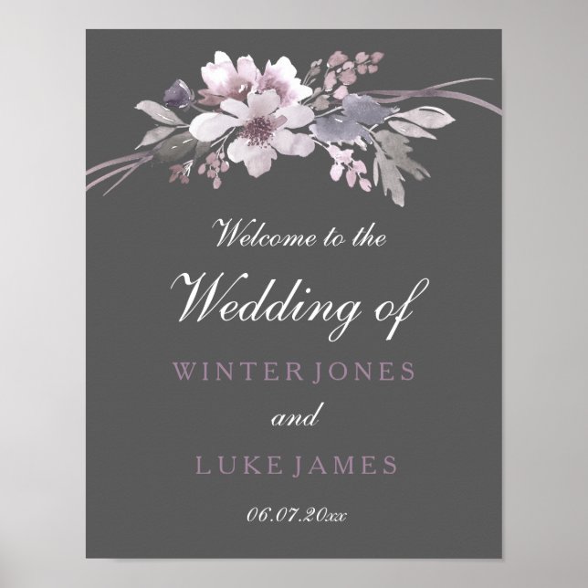 Winter Grey Floral Watercolor Wedding Poster (Front)