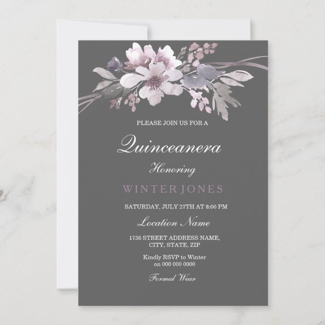 Winter Grey Purple Floral Quinceanera Invitation (Front)