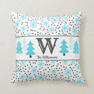Winter Grey Teal Trees Snowflakes Dots Monogram Cushion