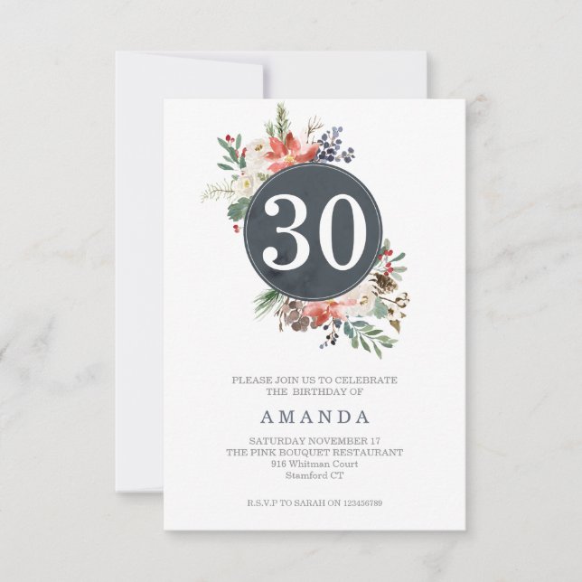 Winter Grey wreath Bouquet Any Age Birthday Invitation (Front)