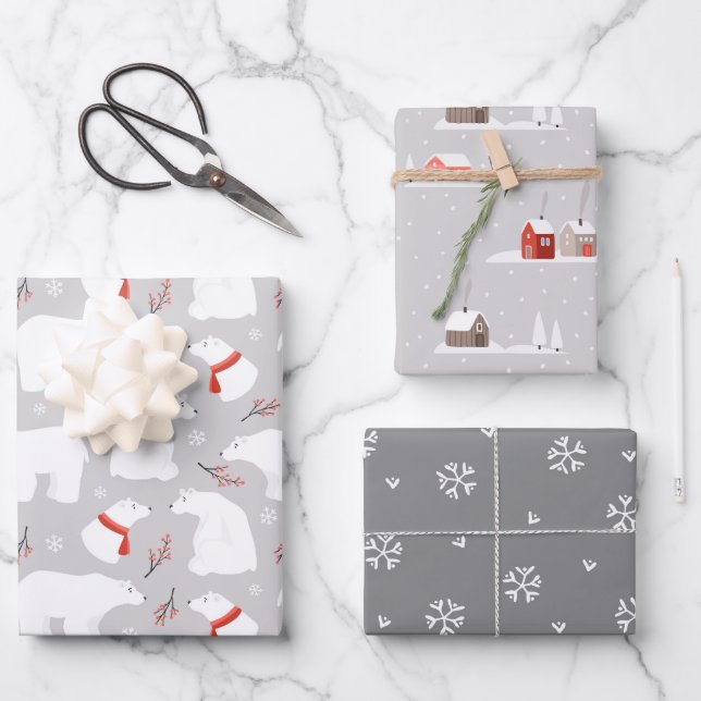 Winter Greys, Polar Bear, Snowflakes  Coordinated  Wrapping Paper Sheet (Front)