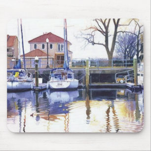 "Winter Harbour" Boats Watercolor Mouse Mat