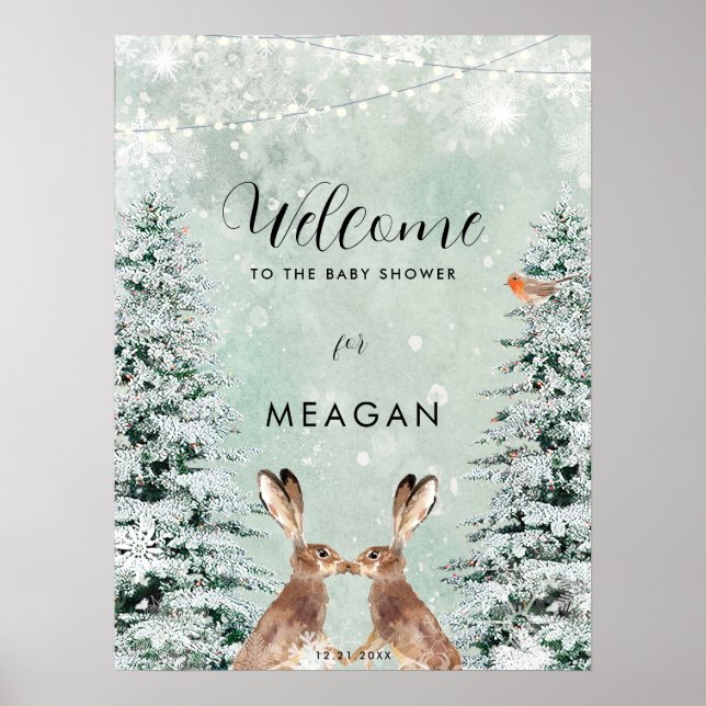 Winter hares holiday baby shower welcome sign (Front)