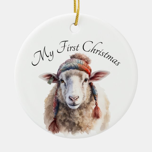 Winter Hat Christmas Sheep Custom Text Ceramic Tree Decoration (Front)
