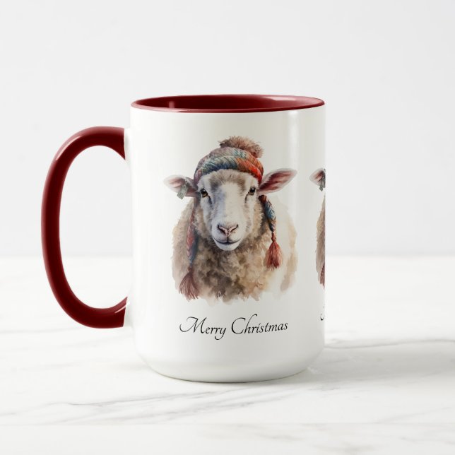 Winter Hat Christmas Sheep Custom Text Mug (Left)