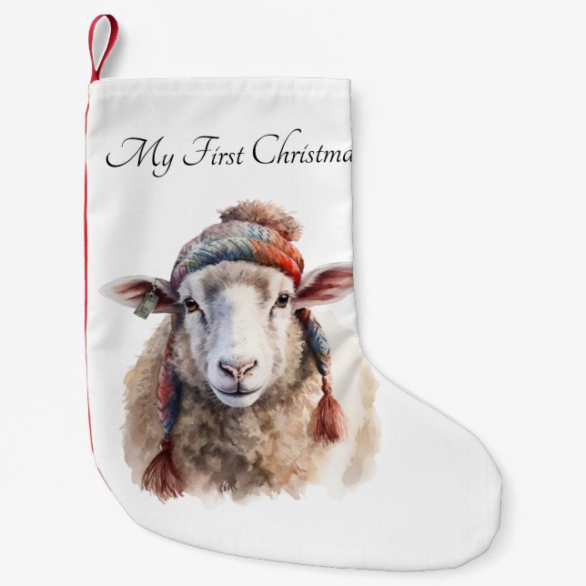 Winter Hat Christmas Sheep Custom Text Small Christmas Stocking (Front)