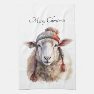Winter Hat Christmas Sheep Custom Text Tea Towel