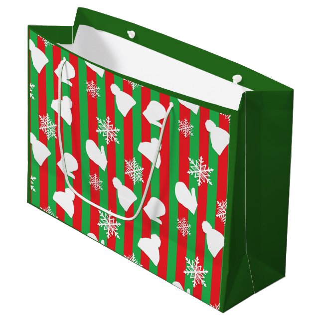 Winter Hats, Christmas Mittens, White Snowflakes Large Gift Bag (Front Angled)