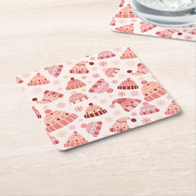 Winter Hats & Mittens Square Paper Coaster (Angled)