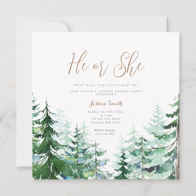 Winter He or She Gender Reveal Forest Invitation (Front)