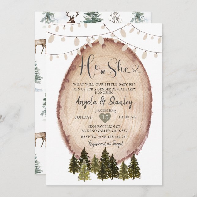 Winter He or She Gender Reveal Rustic Woodland Invitation (Front/Back)