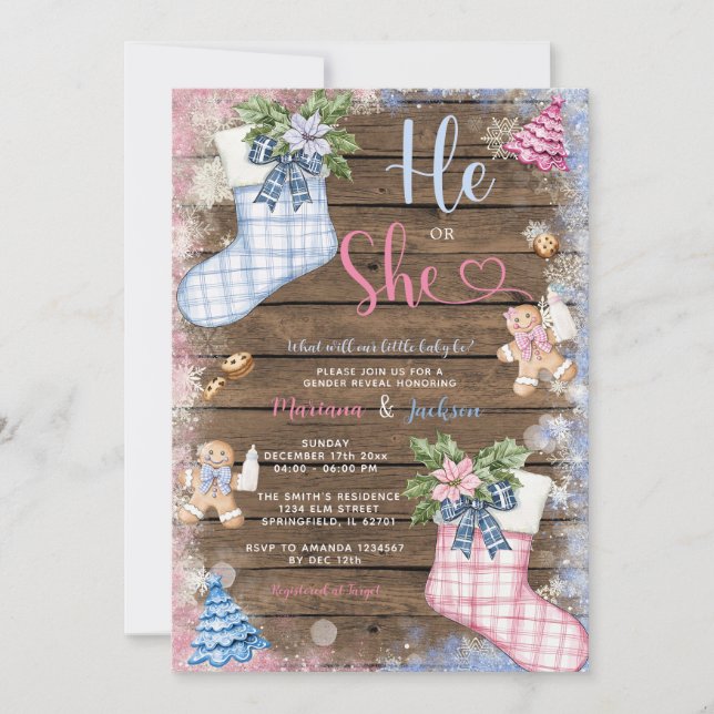 Winter He or She Socks Gingerbread Gender Reveal Invitation (Front)