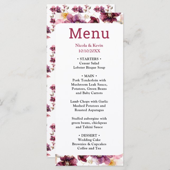 Winter Hellebore Floral Burgundy Wedding Menu (Front/Back)