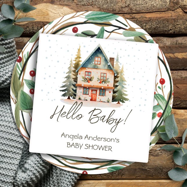 Winter Hello Baby Christmas Cottage Baby Shower Napkin (Creator Uploaded)