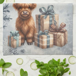 Winter Highland Cow Blue Gifts Tea Towel