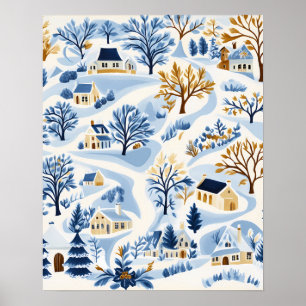 Winter Hillside Village with Cosy Cottages Poster