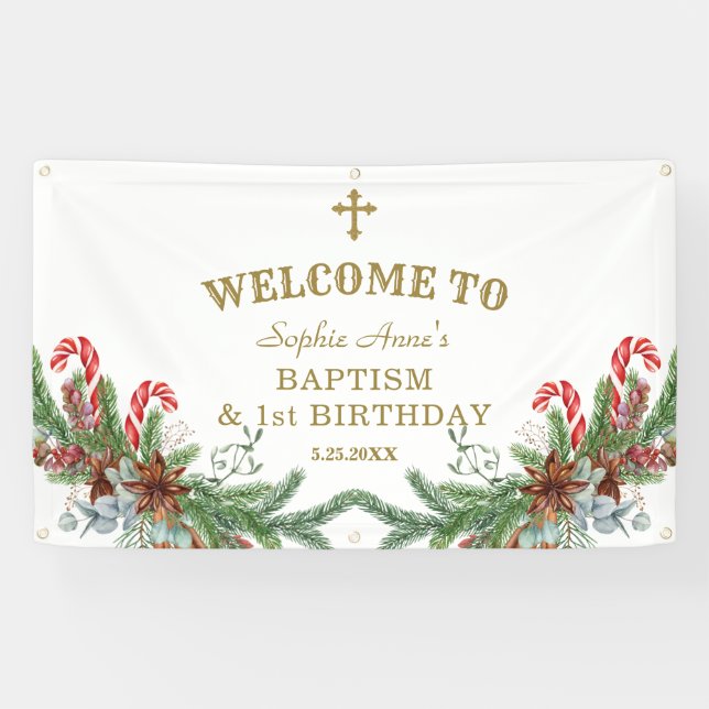 Winter Holiday 1st Birthday Baptism Welcome Sign (Horizontal)